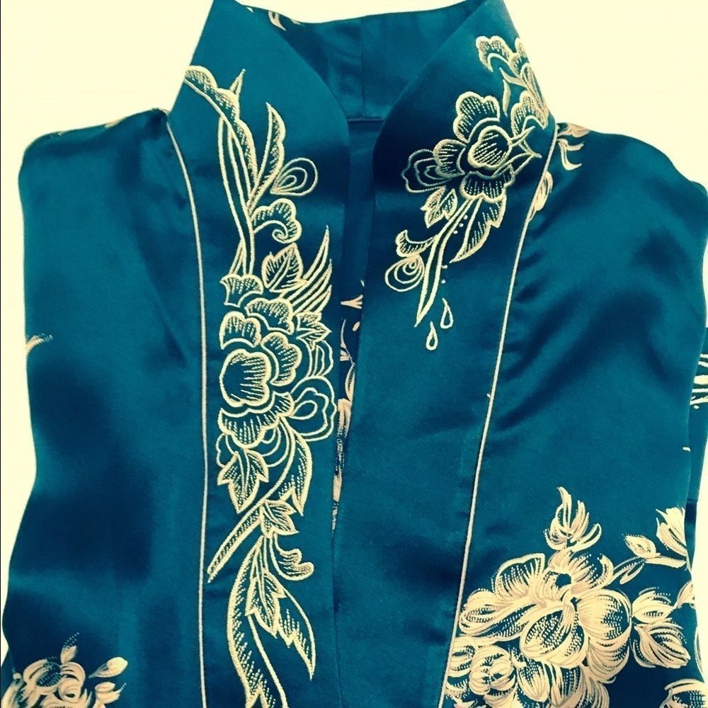 Silk Coat One of a Kind Original Qinyi Shanghai Fashion Show Navy Gold Womens XL - Picture 3 of 8